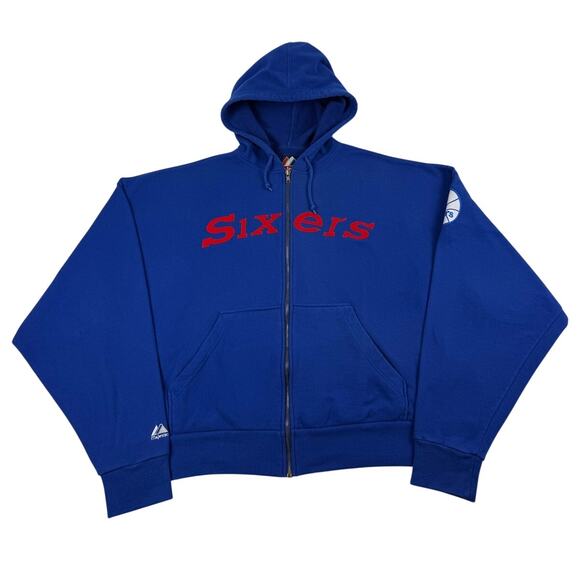 Vintage Sixers Philadelphia NBA Basketball Blue Zip Majestic Hoodie Size 2XL - Picture 1 of 8